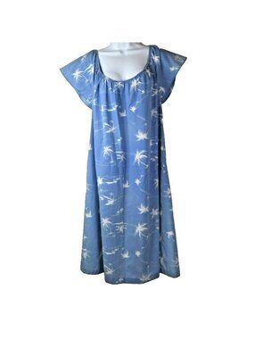 Hilo Hattie Hawaiian Dress Size L FLAWS Traditional Midi MuuMuu Cotton Blue
